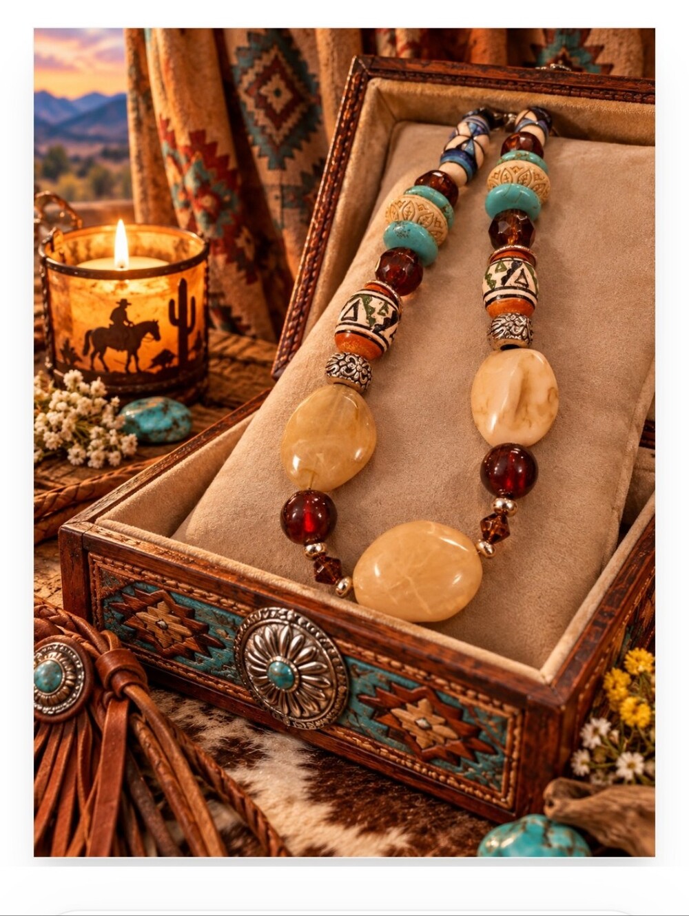 Artist Created Boho Multi-Bead Statement Necklace in Turquoise, Amber & Brown